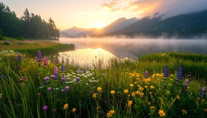 Misty lake scene with wildflowers and a sunrise over mountains