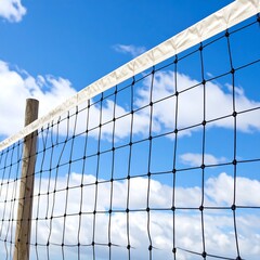 Close-up of a volleyball net against a vibrant blue sky dotted with fluffy white clouds.  A wooden post supports the net's edge