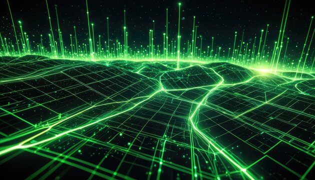 Futuristic digital landscape with green glowing data lines and pillars