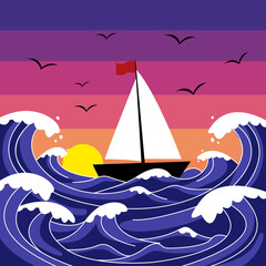 Determined Sailboat Facing Ocean Storm at Dusk