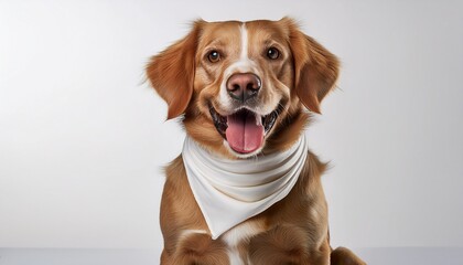 a cheerful dog wearing a white bandana sitting against a clean white background radiating joy and friendliness