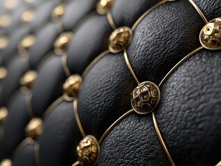 Fototapeta premium Luxurious black quilted surface with intricate gold buttons arranged in a diamond pattern, showcasing a sense of elegance and sophistication, with a soft focus on the foreground