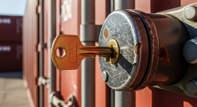 Golden key in container lock represents security and confidence for logistics and shipping industry. close up showing secure protection of valuable cargo and freight