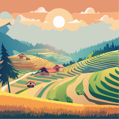 Terraced fields landscape with houses and sunset sky