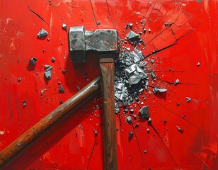 Hammer smashing through a red surface