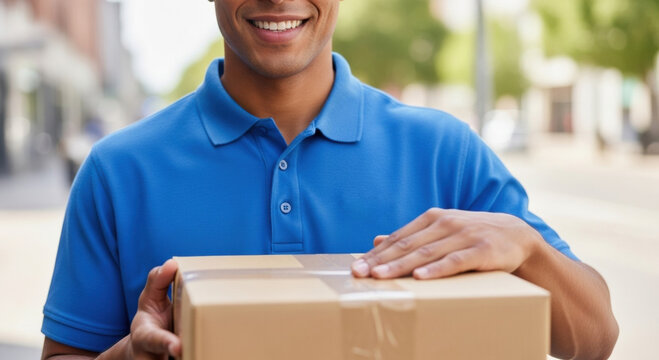 Friendly delivery man holds box with confidence. Professional logistics and security for shipping and courier services on city street background