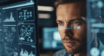 Male professional works with confidence on futuristic logistics and data security. man uses monitoring screen for complex analysis in high tech control room