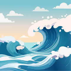 Ocean waves crashing on shore with blue sky