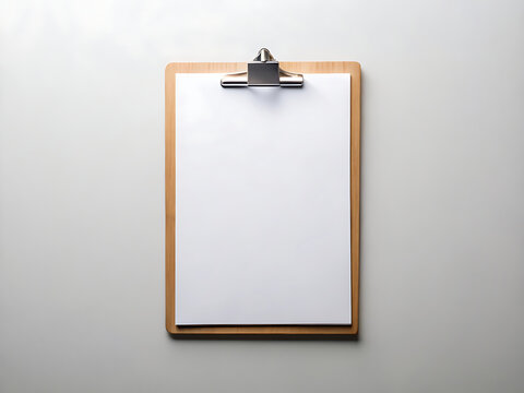 Blank white paper on a wooden clipboard with a metal clip against a textured gray background