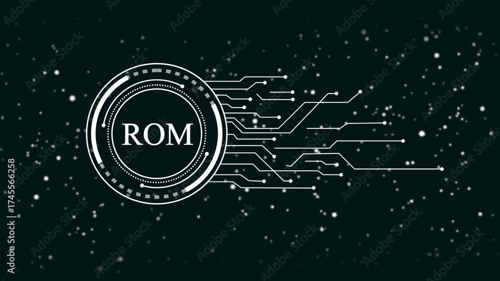Wall mural futuristic r o m chip circuit board digital interface with glowing particles and data streams on dar