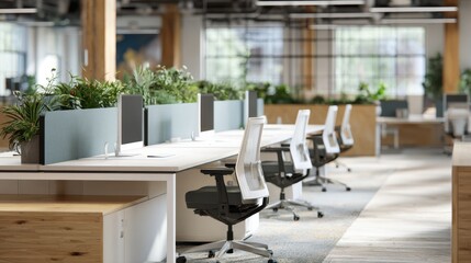 Medium shot of modular office desks with blurred background showcasing flexible workspace design in a professional setting.