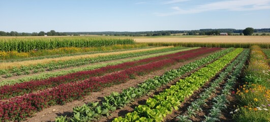 Medium shot of diverse crops in alternating rows showcasing sustainable farming practices and balanced nutrient cycling in crop rotation.