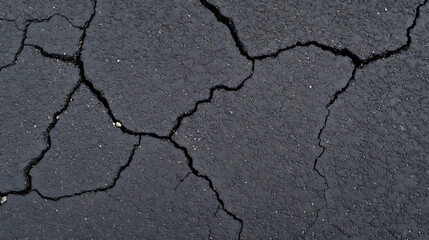 Obraz premium Cracked Asphalt: Close-up of a weathered surface reveals deep fissures, showcasing the effects of time and stress on road infrastructure.