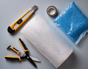 mockup layout featuring bubble wrap and cutting tools on a plain backdrop
