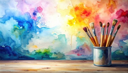 Watercolor Paint Brushes in a Metal Can on Wooden Surface with Colorful Background