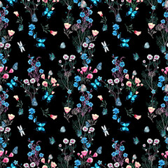 Seamless Hand Drawn Botanical Pattern, Wildflowers and Butterflies