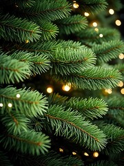 Close-up of a Christmas tree with green needles and warm, twinkling lights