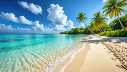 Tropical paradise crystal clear turquoise water, white sand, palm trees, blue sky