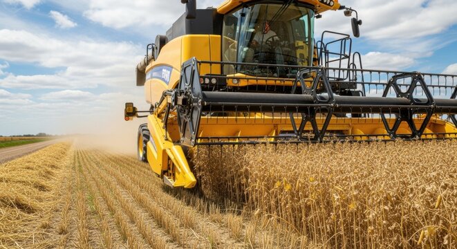 Medium shot of a reaper cutting dry pea plants along a rural farmland road highlighting the clean and precise harvesting technique.