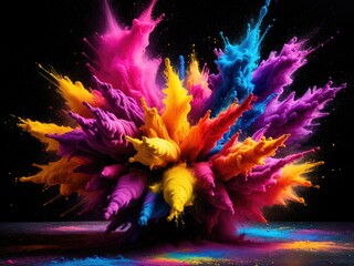 Explosion of vivid, colorful powder in an artistic display, dark background