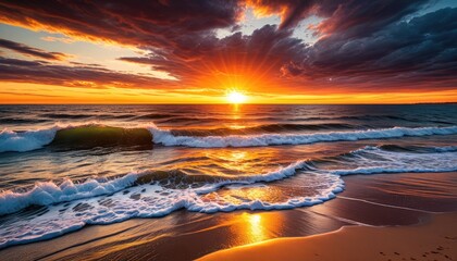 Coastal sunset painting with waves, glowing sun, and colorful clouds