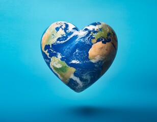 closeup earth in the shape of heart isolated on blue background with space for copy