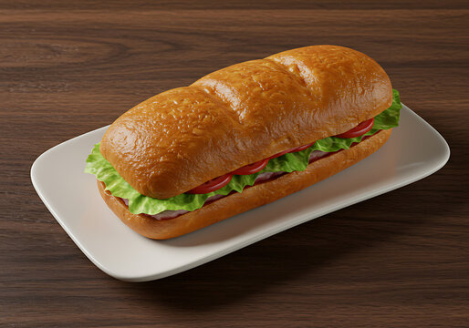 A fresh submarine sandwich with lettuce and tomato on a white rectangular plate against a dark wood background. - Powered by Adobe