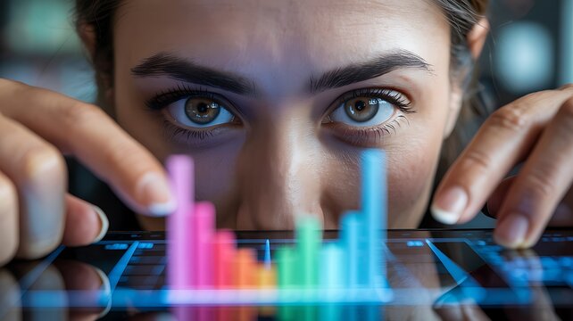 Close-up shot of a woman's eyes intensely focused on a colorful bar graph display on a futuristic screen. A conceptual image for data analysis, finance, and tech focus.