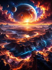 Epic cosmic landscape with planets, fiery clouds, and a glowing terrain