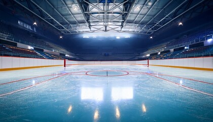 a hockey rink is empty and the ice is covered in a thin layer of water