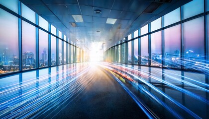 modern office hallway light trails city view future concept