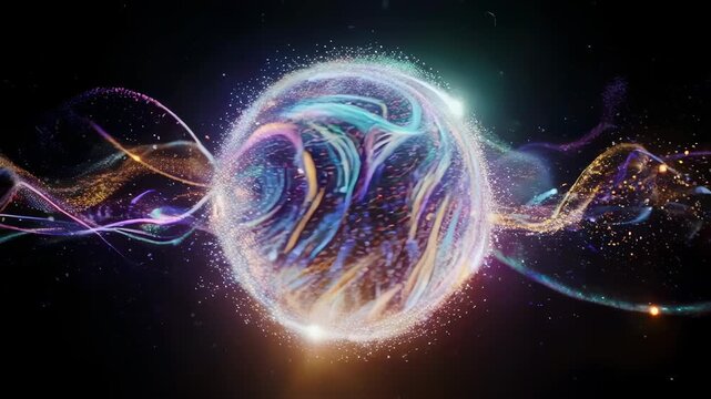 Abstract depiction of a cosmic sphere with swirling energy lines in vibrant colors against black