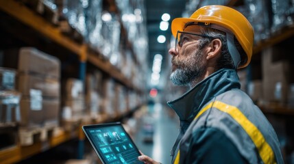 Medium closeup of a logistics supervisor observing an adaptive AI interface adjusting stock levels automatically the warehouse environment gently out of focus.
