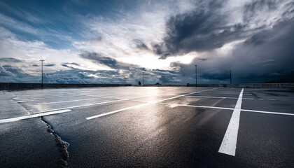 empty wet asphalt parking lot under dramatic cloudy sky