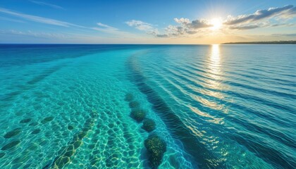 Bright sun over turquoise ocean, shallow reef line, idyllic seascape