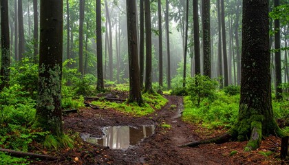 Obraz premium Forest with patches of bare soil between tree trunks after recent light rain in early summer morning