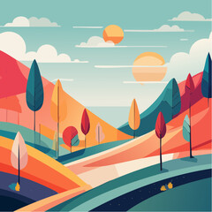 Autumn landscape with rolling hills and colorful trees