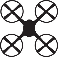 Top down view of a black quadcopter drone in a stark silhouette against a white background
