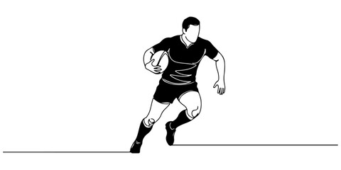 Fototapeta premium Continuous one line drawing of a rugby player running forward, symbolizing strength, teamwork, and determination, style vector illustration.