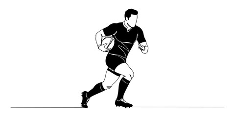Fototapeta premium Continuous one line drawing of a rugby player running forward, symbolizing strength, teamwork, and determination, style vector illustration.