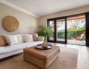 modern living room with white sofa wicker coffee table and beige rug with large windows and patio in the background