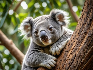 Obraz premium Fluffy koala clings to a tree, looking directly at the viewer
