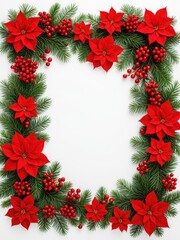 Festive Christmas border with red poinsettias, berries, and evergreen boughs on white