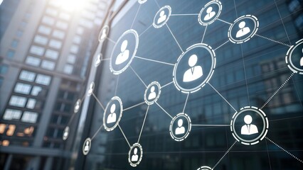 Digital network of people connecting across a modern city skyline background