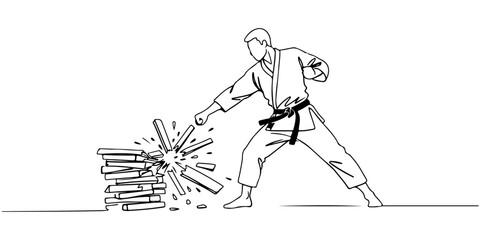 Continuous one line drawing of a karate master breaking a board, symbolizing discipline, tradition, and strength, style vector illustration. © rizky