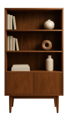 Fototapeta premium Mid-century modern walnut veneer shelving unit with push-to-open doors for a sleek study.