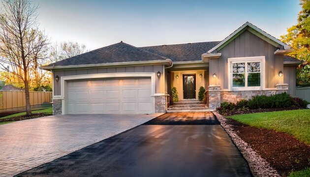freshly sealed asphalt driveway enhances curb appeal at modern home
