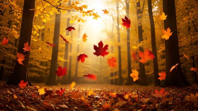 Autumn leaves slowly descend and gently twirl through sun-dappled forest air, eventually landing softly sun-dappled, scenic, organic