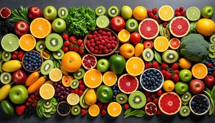 Overhead shot of colorful fruit arrangement on a dark background