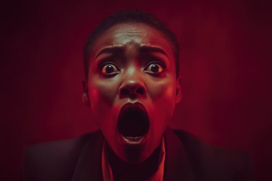 A person with a shocked expression, wide open eyes and mouth, illuminated by dramatic red lighting. The intense emotion is captured vividly, conveying a sense of surprise and astonishment